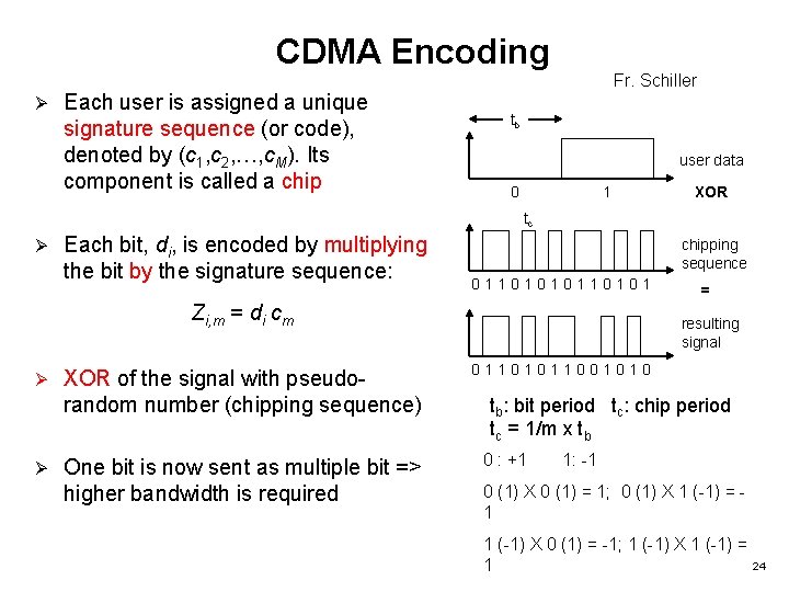 CDMA Encoding Ø Each user is assigned a unique signature sequence (or code), denoted