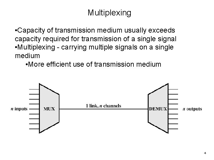 Multiplexing • Capacity of transmission medium usually exceeds capacity required for transmission of a