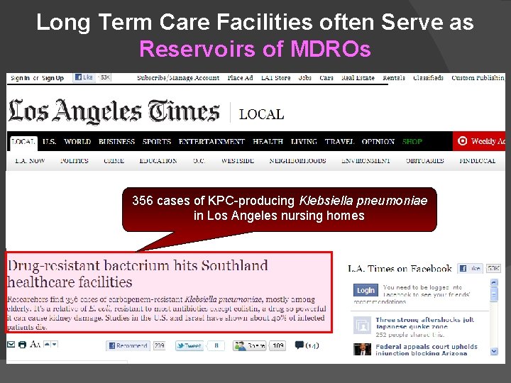 Long Term Care Facilities often Serve as Reservoirs of MDROs 356 cases of KPC-producing