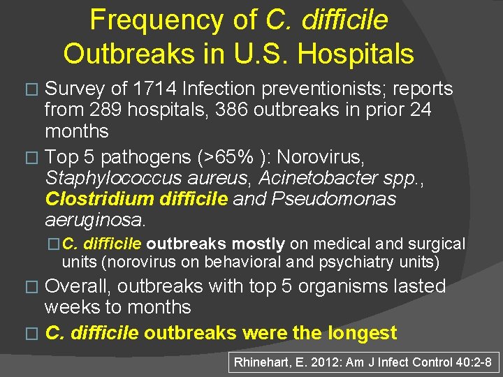 Frequency of C. difficile Outbreaks in U. S. Hospitals Survey of 1714 Infection preventionists;