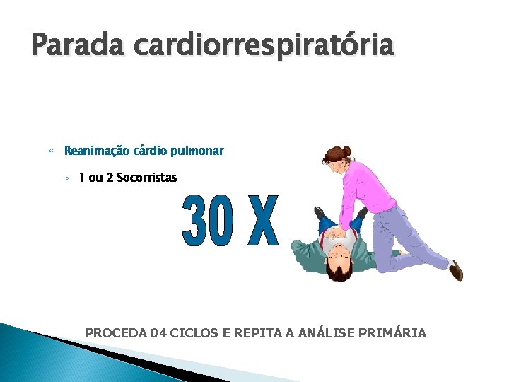 Parada cardiorrespiratória Reanimação cárdio pulmonar ◦ 1 ou 2 Socorristas PROCEDA 04 CICLOS E