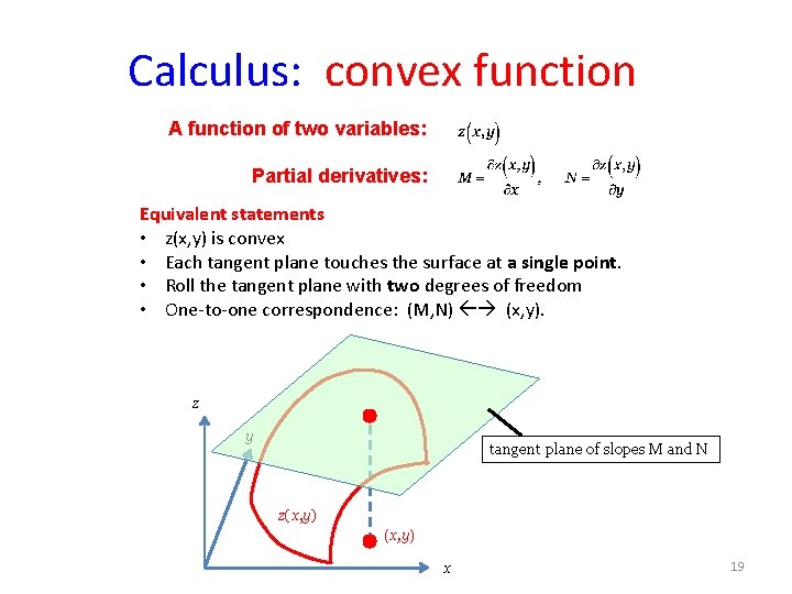 Calculus: convex function A function of two variables: Partial derivatives: Equivalent statements • z(x,