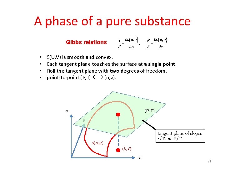 A phase of a pure substance Gibbs relations • • S(U, V) is smooth