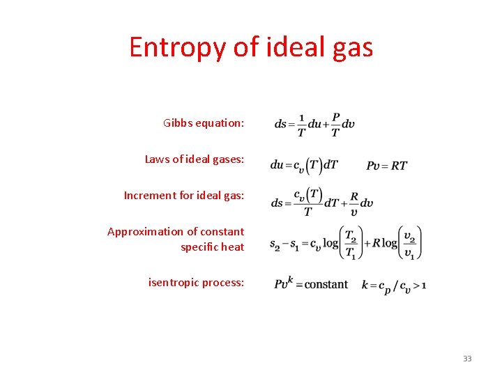 Entropy of ideal gas Gibbs equation: Laws of ideal gases: Increment for ideal gas: