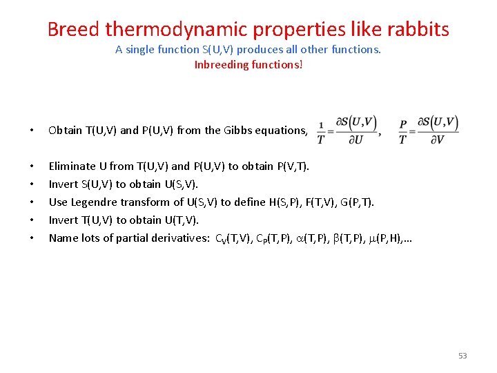 Breed thermodynamic properties like rabbits A single function S(U, V) produces all other functions.