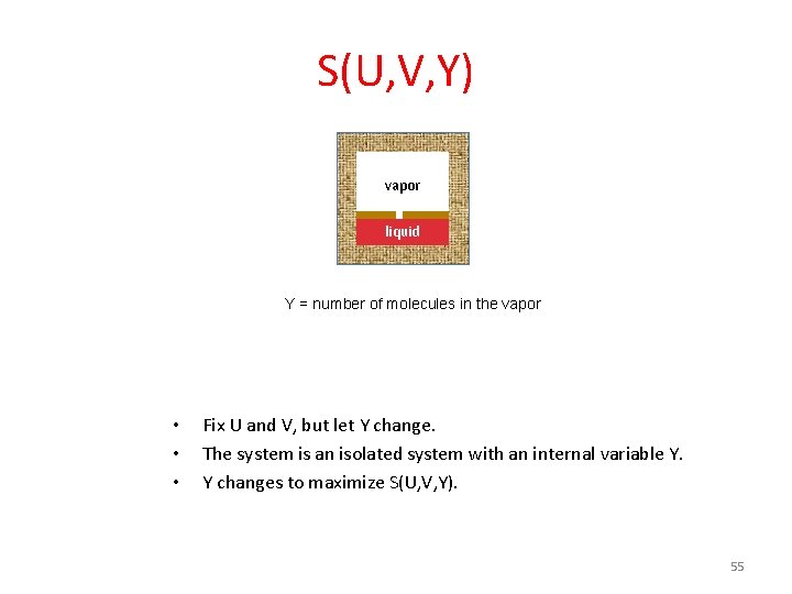 S(U, V, Y) vapor liquid Y = number of molecules in the vapor •