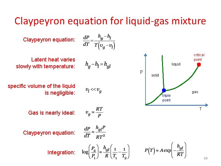 Claypeyron equation for liquid-gas mixture Claypeyron equation: critical point Latent heat varies slowly with