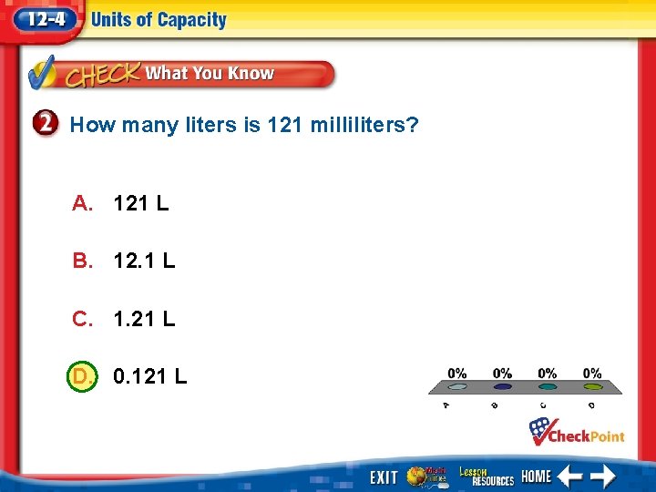 How many liters is 121 milliliters? A. 121 L B. 12. 1 L C.