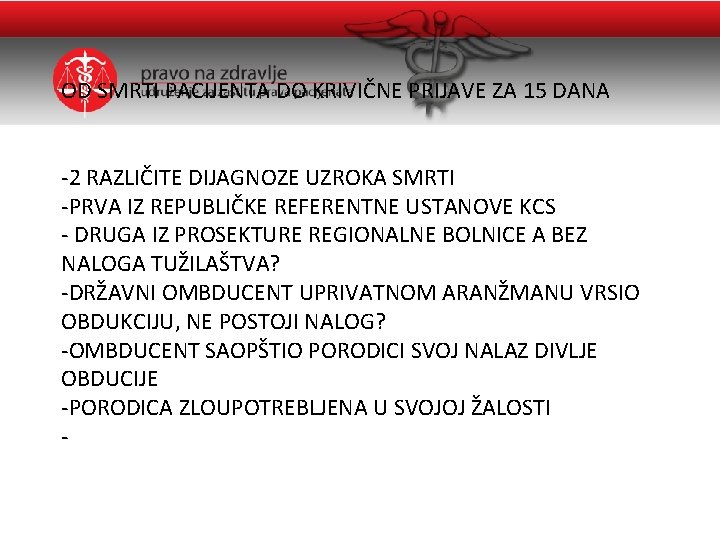 OD SMRTI PACIJENTA DO KRIVIČNE PRIJAVE ZA 15 DANA -2 RAZLIČITE DIJAGNOZE UZROKA SMRTI