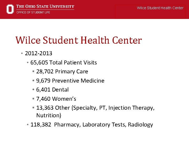 Wilce Student Health Center • 2012 -2013 • 65, 605 Total Patient Visits •
