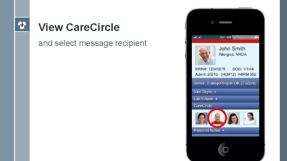 View Care. Circle and select message recipient 