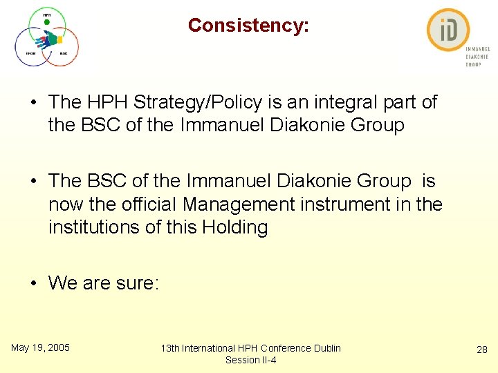 Consistency: • The HPH Strategy/Policy is an integral part of the BSC of the