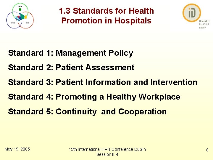 1. 3 Standards for Health Promotion in Hospitals Standard 1: Management Policy Standard 2: