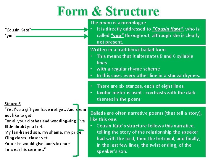 Form & Structure “Cousin Kate” “you” The poem is a monologue • It is