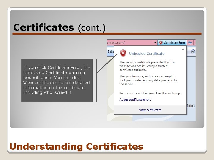 Certificates (cont. ) If you click Certificate Error, the Untrusted Certificate warning box will