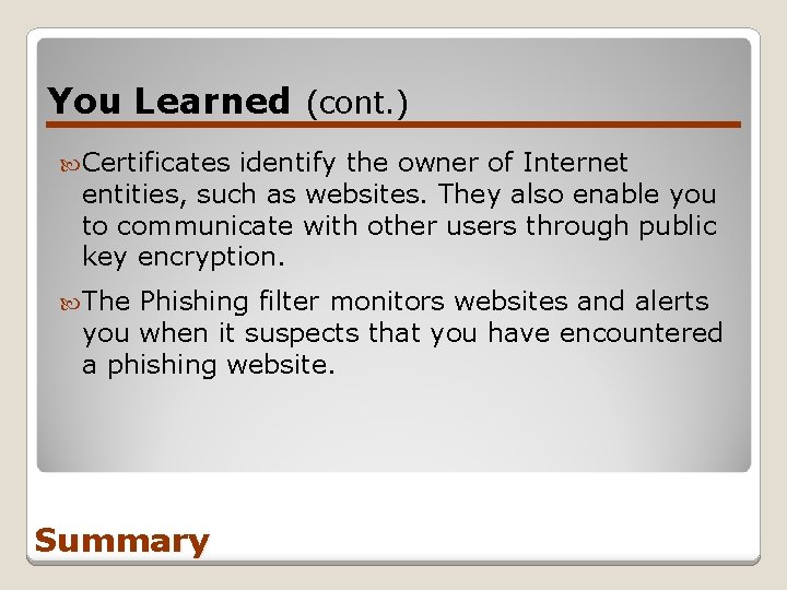 You Learned (cont. ) Certificates identify the owner of Internet entities, such as websites.