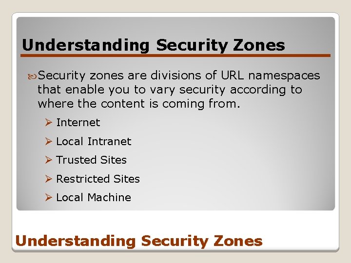 Understanding Security Zones Security zones are divisions of URL namespaces that enable you to