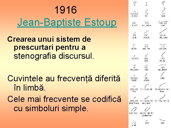 1916 Jean-Baptiste Estoup Crearea unui sistem de prescurtari pentru a stenografia discursul. Cuvintele au