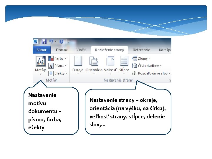 Nastavenie motívu dokumentu – písmo, farba, efektya Nastavenie strany – okraje, orientácia (na výšku,