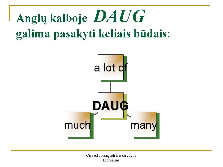 Anglų kalboje DAUG galima pasakyti keliais būdais: a lot of DAUG much many Created