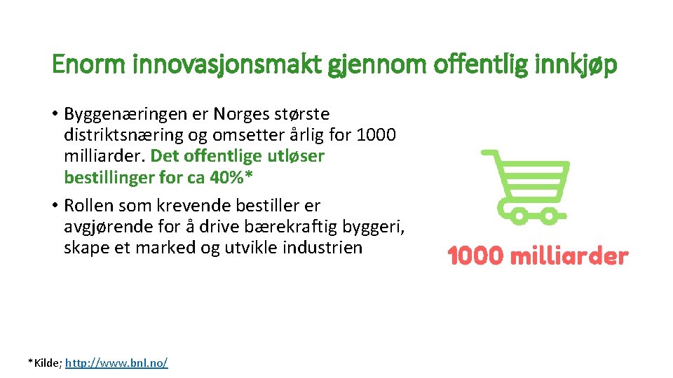 Enorm innovasjonsmakt gjennom offentlig innkjøp • Byggenæringen er Norges største distriktsnæring og omsetter årlig