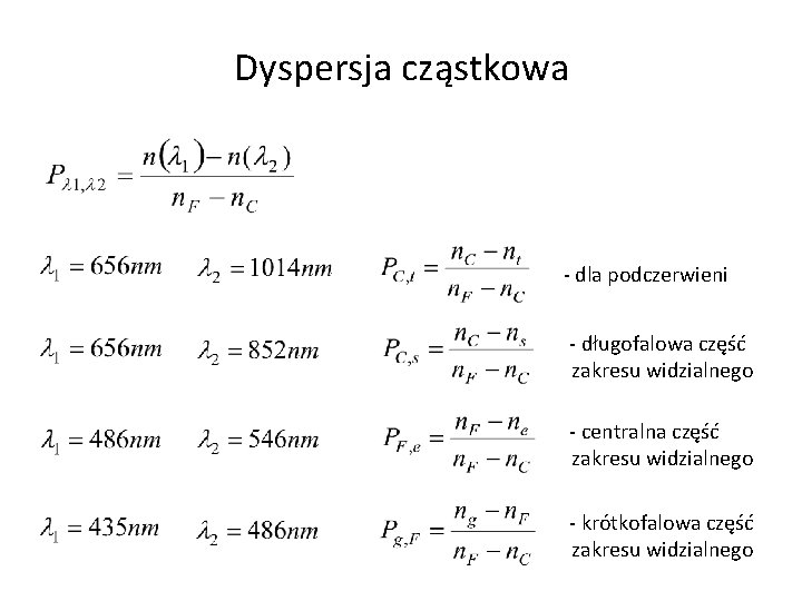 Dyspersja cząstkowa - dla podczerwieni - długofalowa część zakresu widzialnego - centralna część zakresu