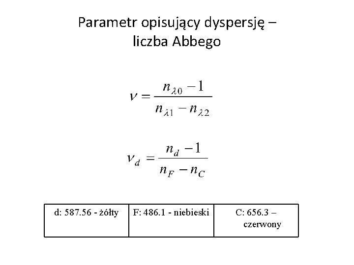 Parametr opisujący dyspersję – liczba Abbego d: 587. 56 - żółty F: 486. 1