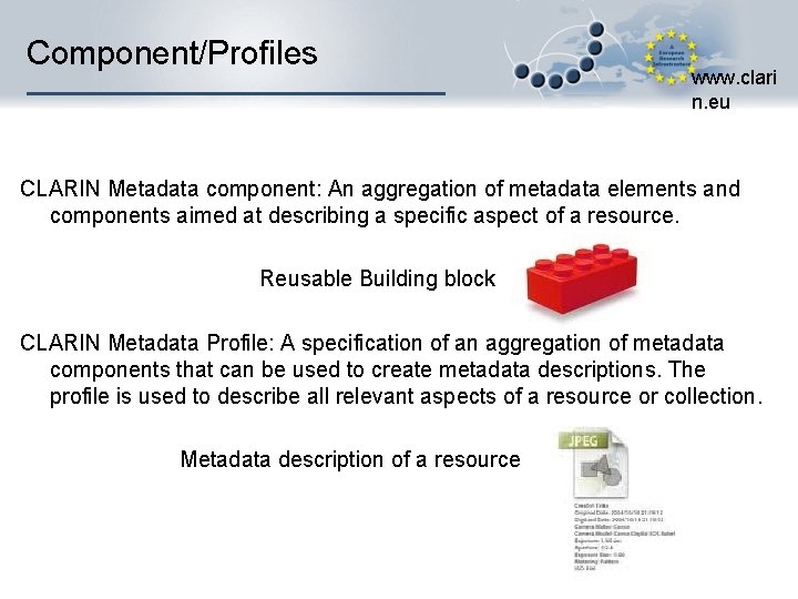 Component/Profiles www. clari n. eu CLARIN Metadata component: An aggregation of metadata elements and