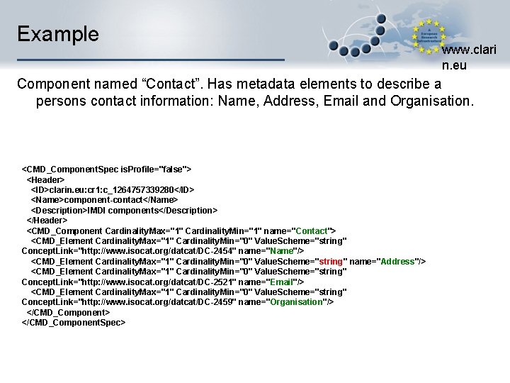 Example www. clari n. eu Component named “Contact”. Has metadata elements to describe a