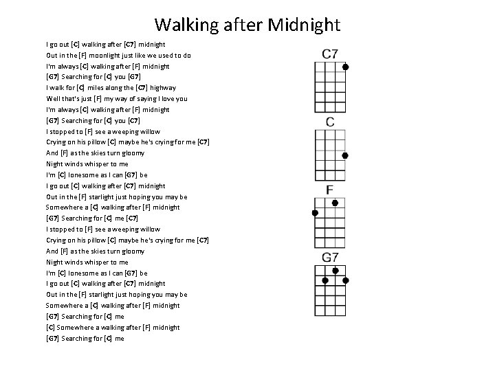 Walking after Midnight I go out [C] walking after [C 7] midnight Out in