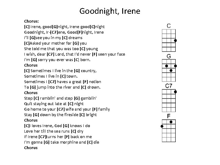 Goodnight, Irene Chorus: [C] Irene, good[G]night, Irene good[C]night Goodnight, Ir-[C 7]ene, Good[F]night, Irene I’ll