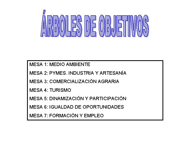 MESA 1: MEDIO AMBIENTE MESA 2: PYMES. INDUSTRIA Y ARTESANÍA MESA 3: COMERCIALIZACIÓN AGRARIA