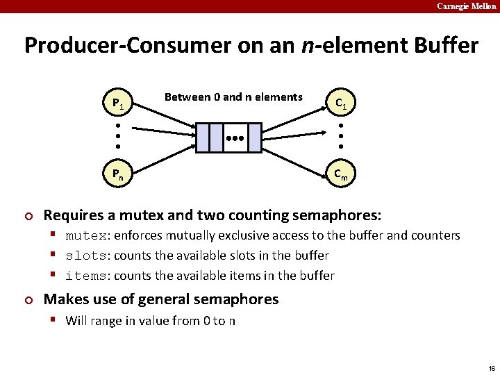 Carnegie Mellon Producer-Consumer on an n-element Buffer P 1 Between 0 and n elements