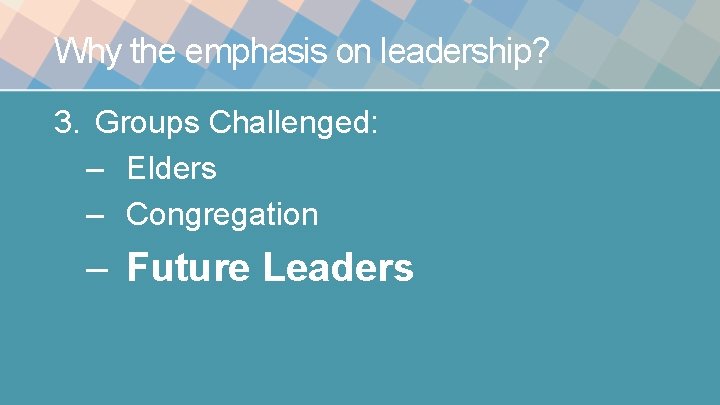 Why the emphasis on leadership? 3. Groups Challenged: – Elders – Congregation – Future Why the emphasis on leadership? 3. Groups Challenged: – Elders – Congregation – Future