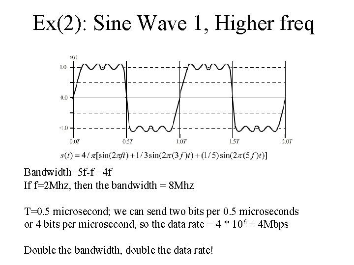 Ex(2): Sine Wave 1, Higher freq Bandwidth=5 f-f =4 f If f=2 Mhz, then