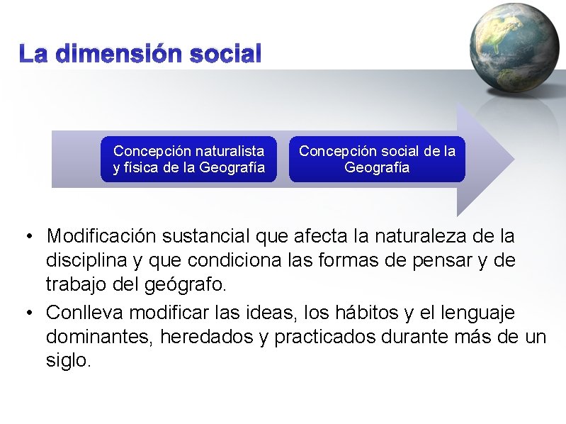 La dimensión social Concepción naturalista y física de la Geografía Concepción social de la