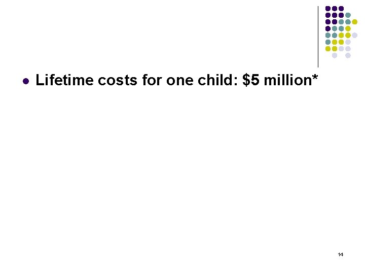 l Lifetime costs for one child: $5 million* 14 
