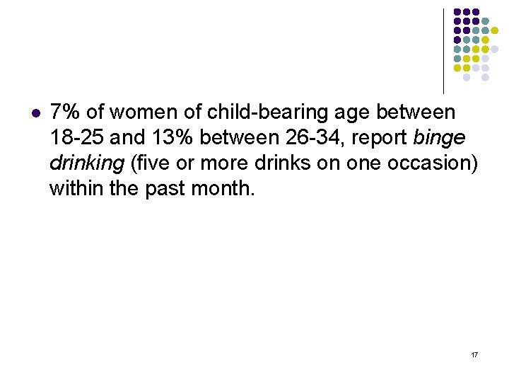 l 7% of women of child-bearing age between 18 -25 and 13% between 26