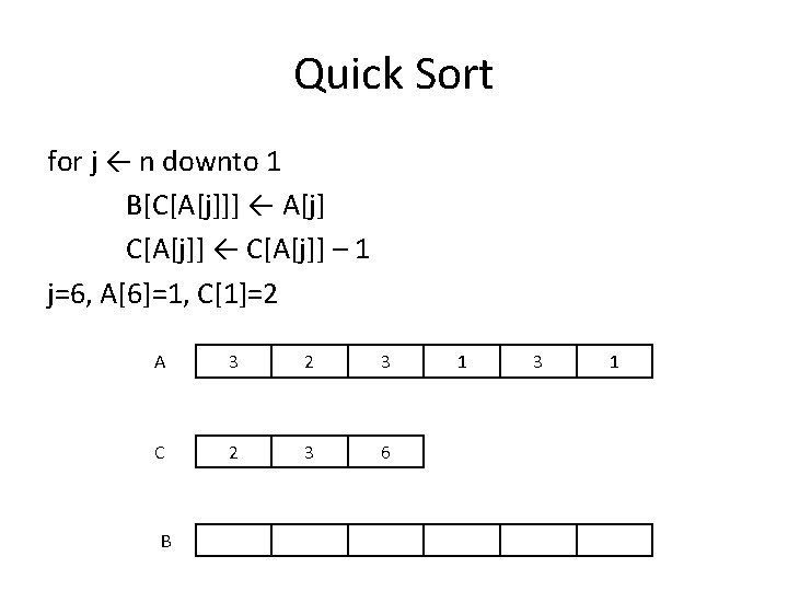 Quick Sort for j ← n downto 1 B[C[A[j]]] ← A[j] C[A[j]] ← C[A[j]]