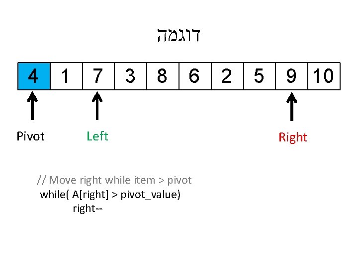  דוגמה 4 Pivot 1 7 3 8 6 Left // Move right while