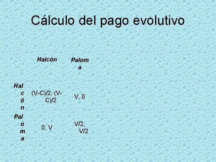 Cálculo del pago evolutivo Halcón Palom a Hal c ó n (V-C)/2, (VC)/2 V,