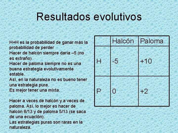 Resultados evolutivos H+H es la probabilidad de ganar más la probabilidad de perder Hacer