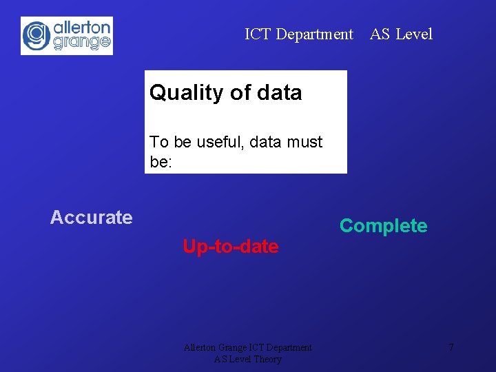 ICT Department AS Level Data Information Knowledge Allerton