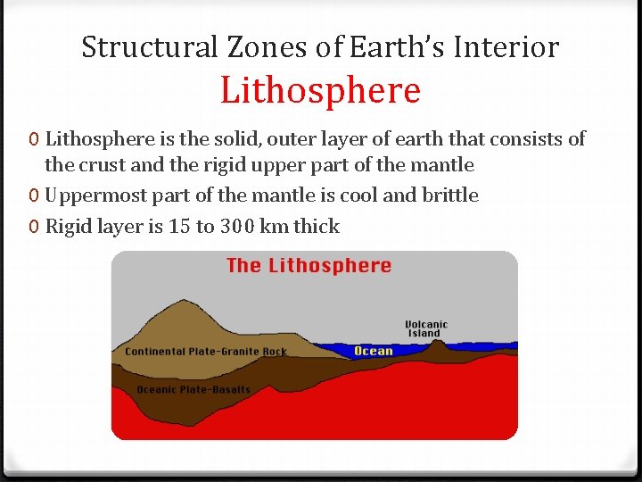 Structural Zones of Earth’s Interior Lithosphere 0 Lithosphere is the solid, outer layer of