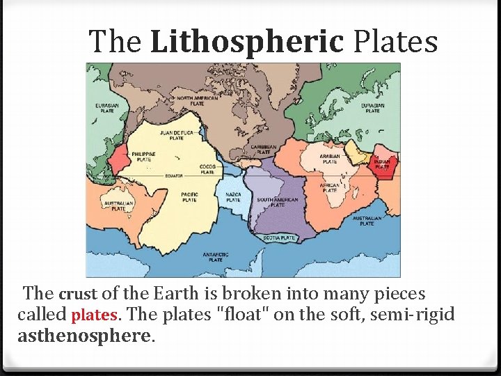 The Lithospheric Plates The crust of the Earth is broken into many pieces called