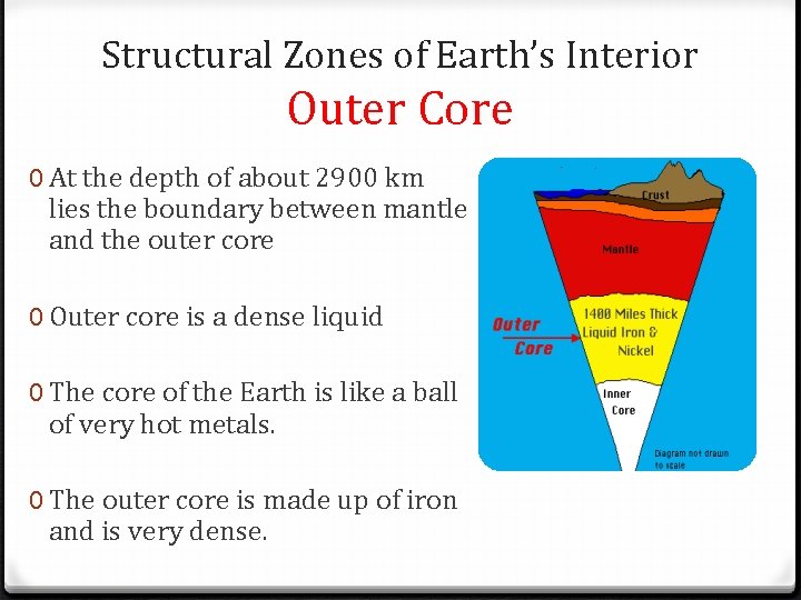 Structural Zones of Earth’s Interior Outer Core 0 At the depth of about 2900