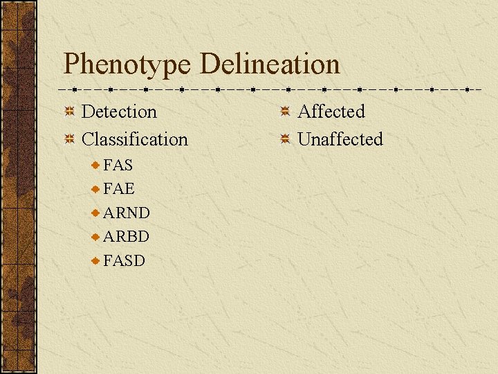 Phenotype Delineation Detection Classification FAS FAE ARND ARBD FASD Affected Unaffected 