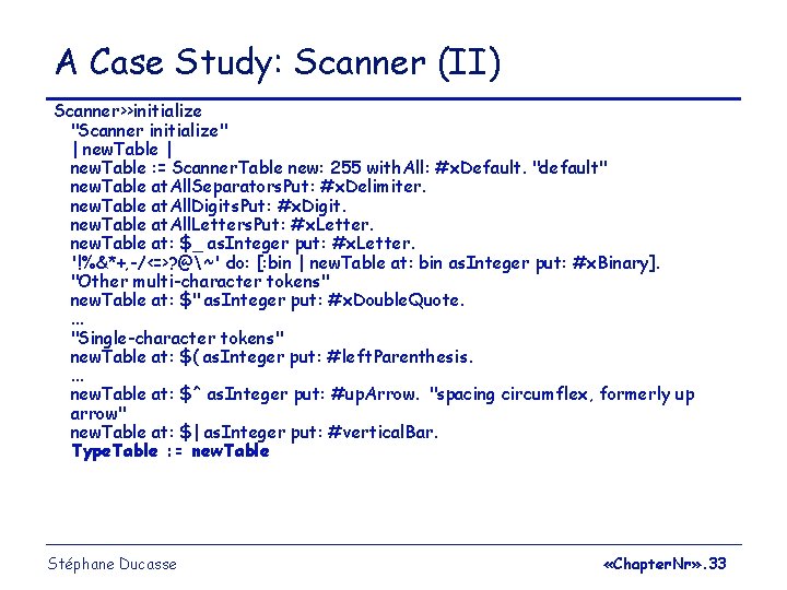 A Case Study: Scanner (II) Scanner>>initialize "Scanner initialize" | new. Table : = Scanner.