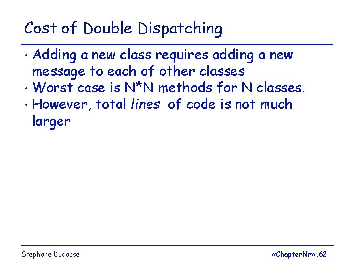 Cost of Double Dispatching Adding a new class requires adding a new message to