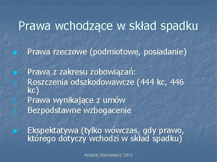 Prawa wchodzące w skład spadku n n 1. 2. 3. n Prawa rzeczowe (podmiotowe,